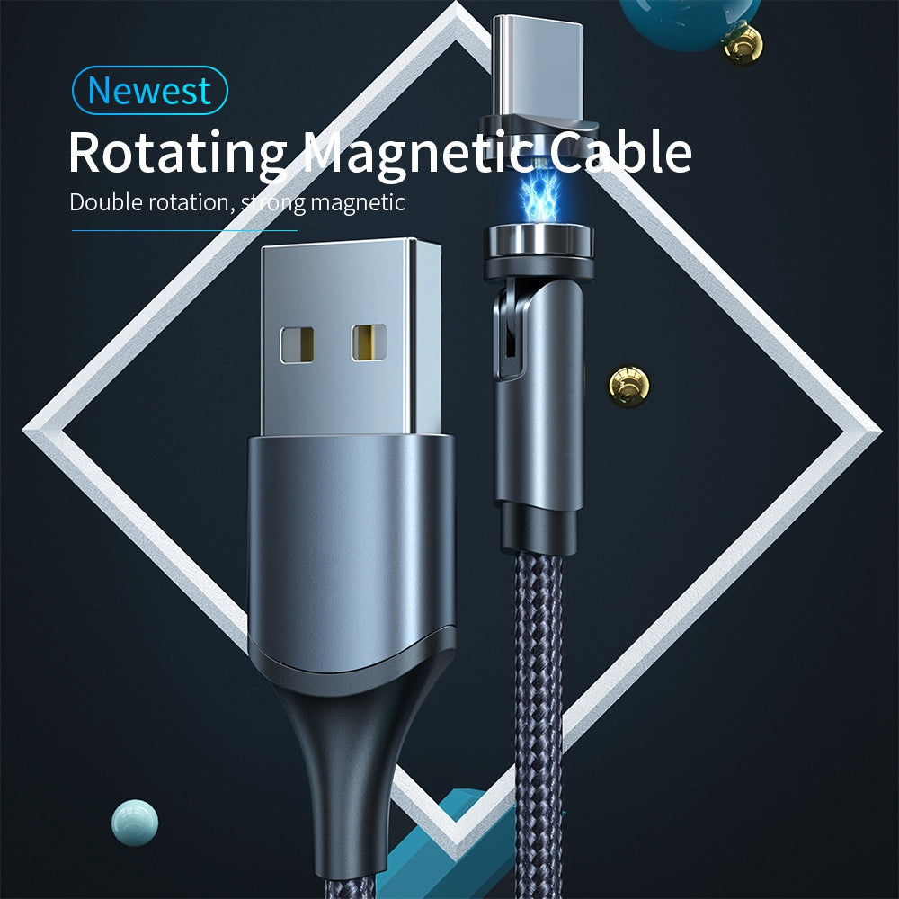 1m 540 Degrees Rotatable Braided Charging Cable + Magnetic Plug USB to Type-C Data Cable - Black