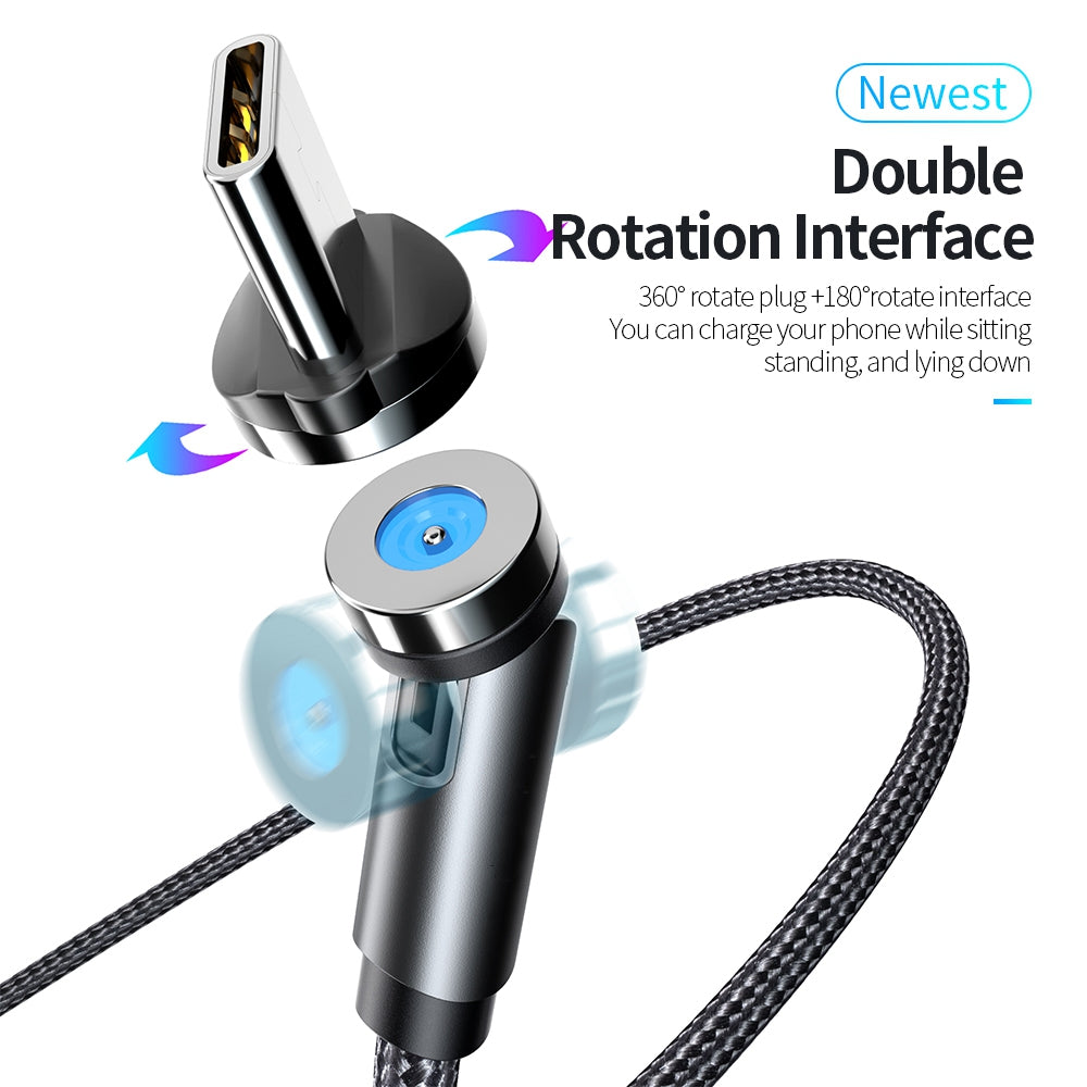 1m 540 Degrees Rotatable Braided Charging Cable + Magnetic Plug USB to Type-C Data Cable - Black