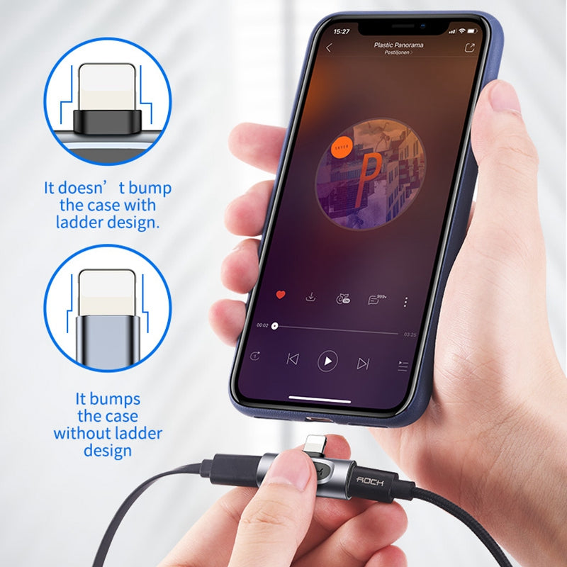 ROCK A Type Lightning Male to Lightning + 3.5mm Female Jack Charging Converter Metal Earphone Audio Adapter