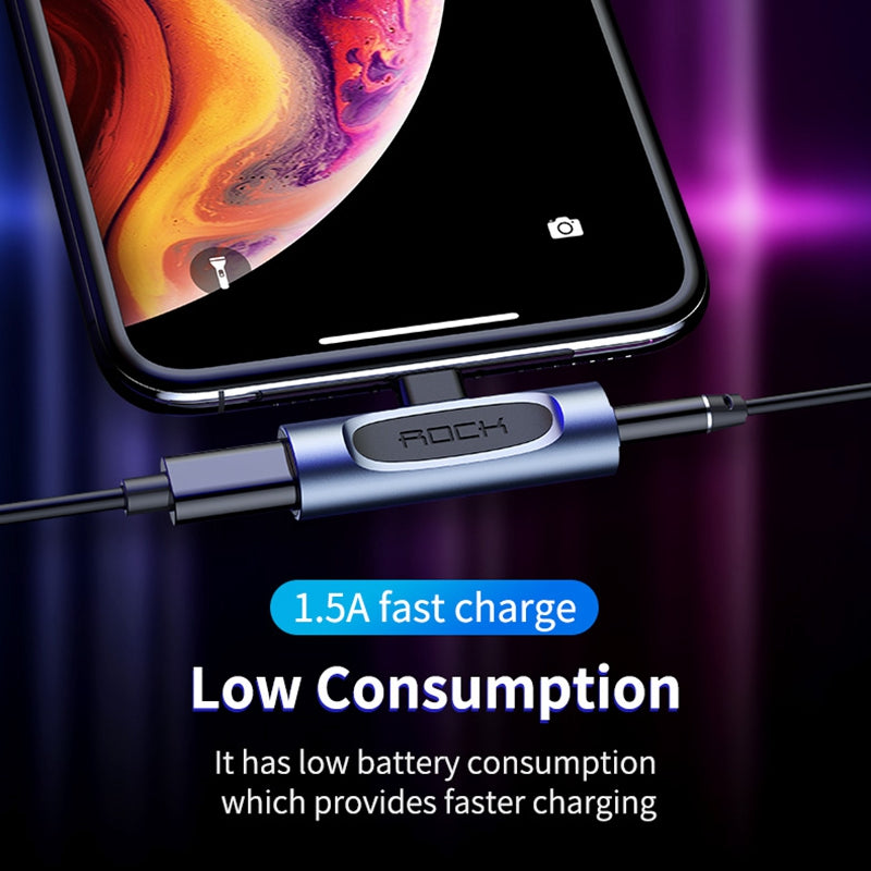 ROCK A Type Lightning Male to Lightning + 3.5mm Female Jack Charging Converter Metal Earphone Audio Adapter