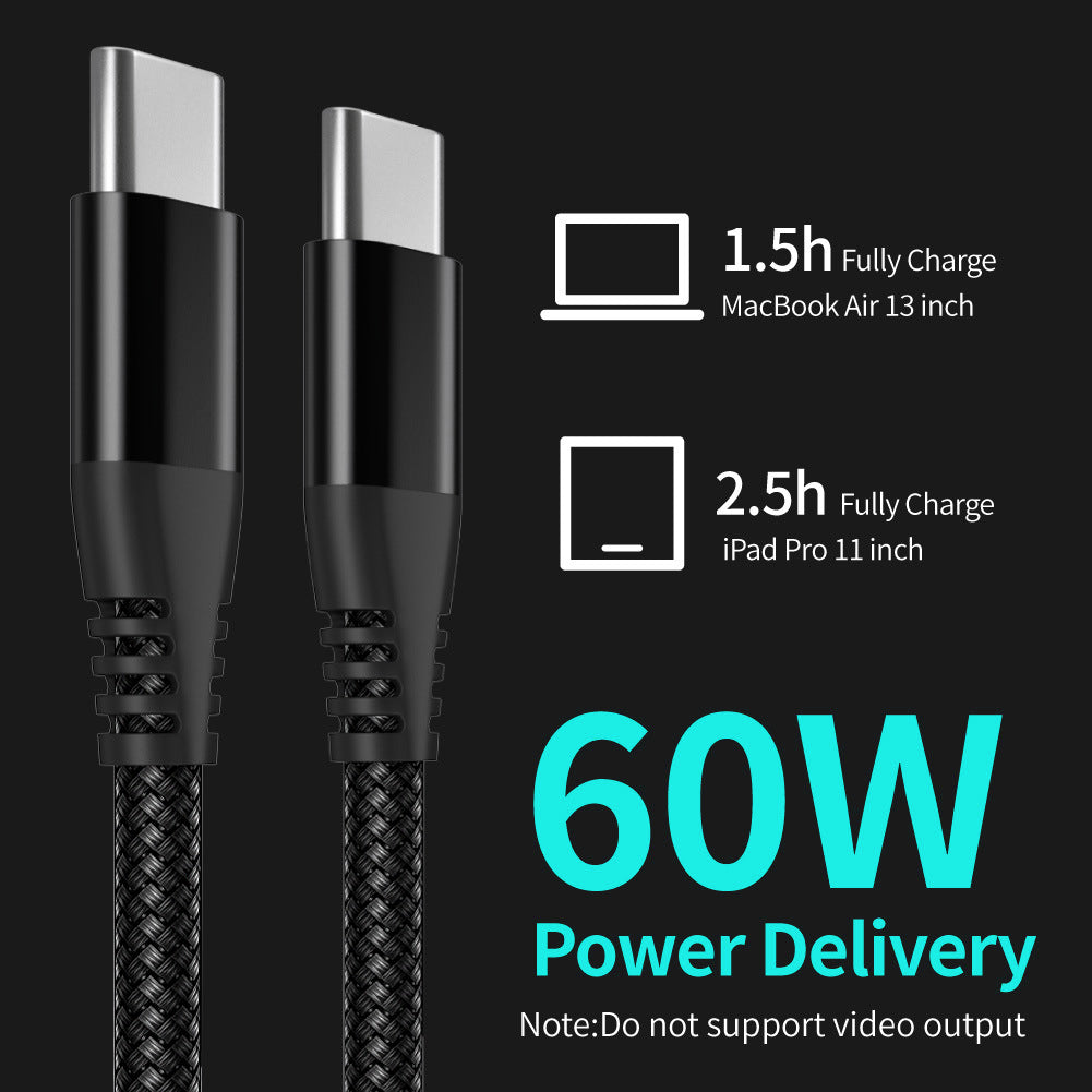 3m Type-C to Type-C PD 60W Charging Cable Nylon Braided USB2.0 Data Cable for Cell Phones, Tablets, Laptops - Black