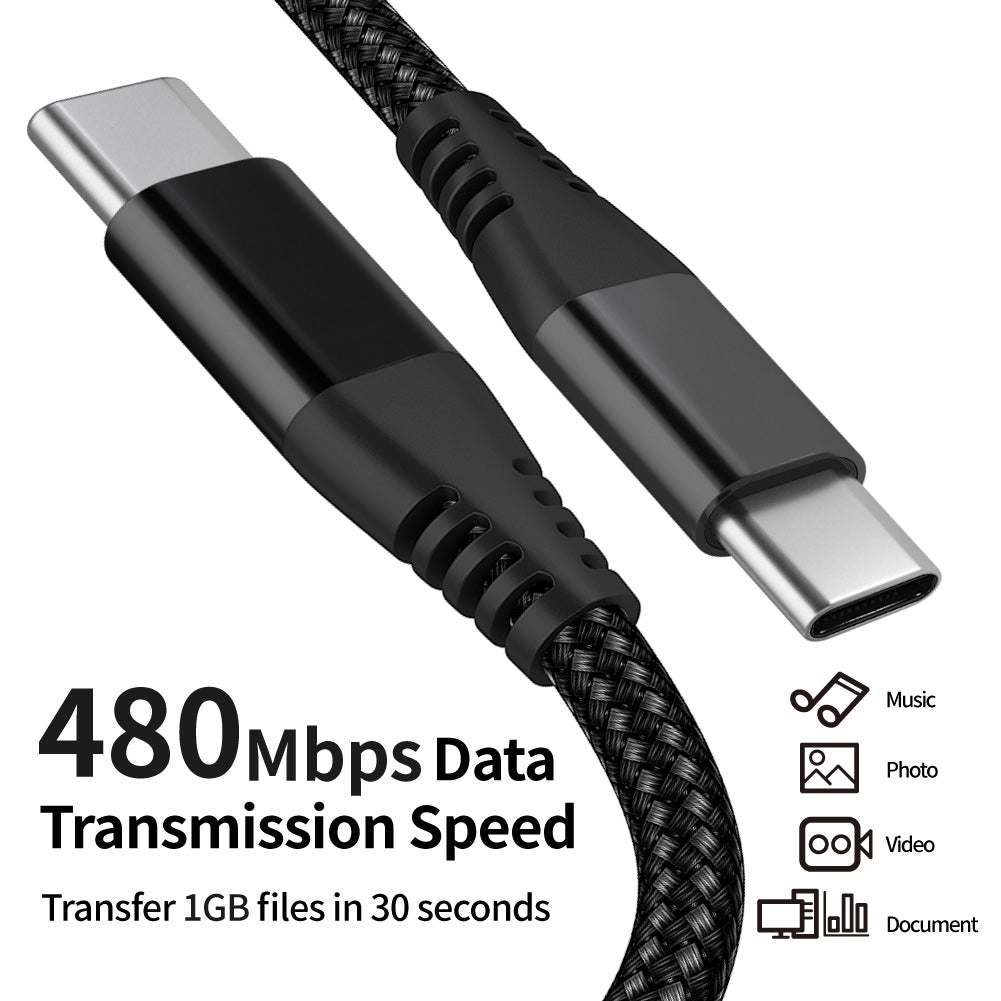 1m Nylon Braided PD 60W Charging Cable Type-C to Type-C USB2.0 Data Cable for Cell Phones, Tablets, Laptops - Black