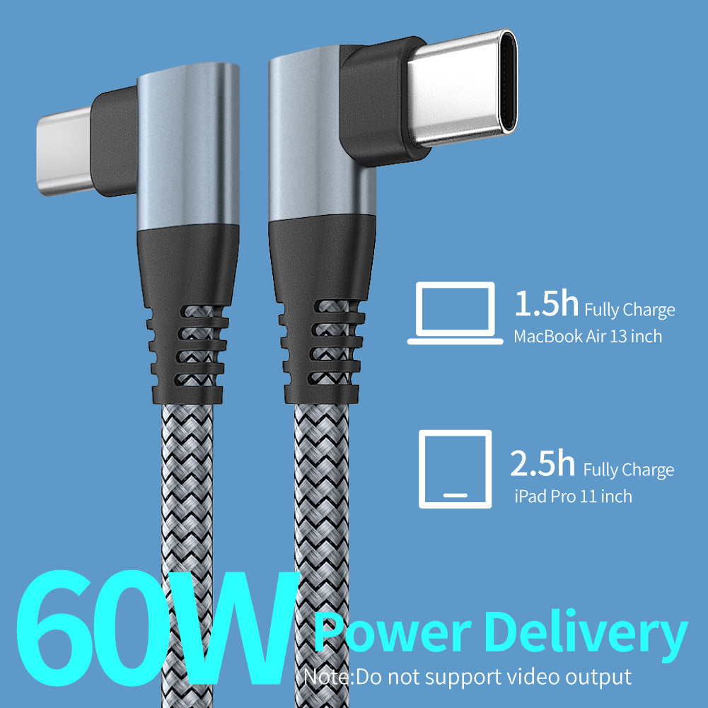1m Dual Angled Type-C PD 60W Charging Cable for Cell Phones, Tablets, Laptops Nylon Braided USB2.0 Data Cable - Grey