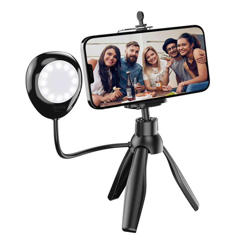 XWJ-S1 Desktop Tripod Photo Stand with 3-Levels Brightness Adjustable LED Lights Cell Phone Holder - Black