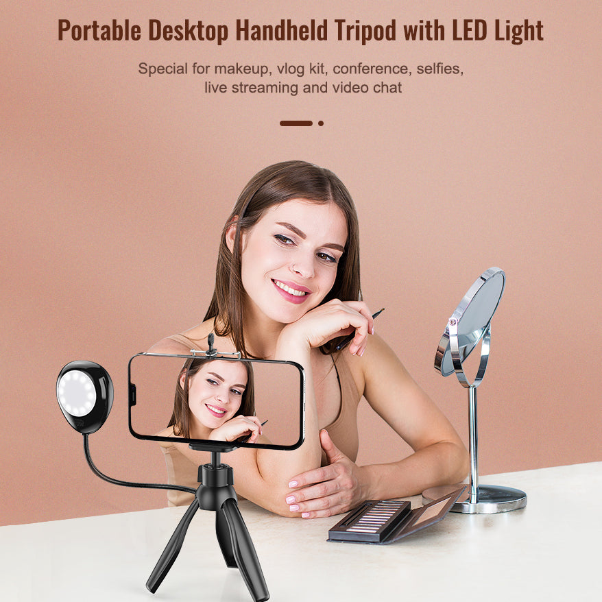 XWJ-S1 Desktop Tripod Photo Stand with 3-Levels Brightness Adjustable LED Lights Cell Phone Holder - Black