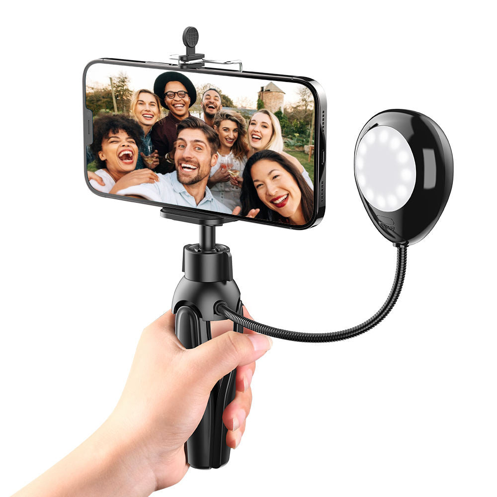 XWJ-S1 Desktop Tripod Photo Stand with 3-Levels Brightness Adjustable LED Lights Cell Phone Holder - Black