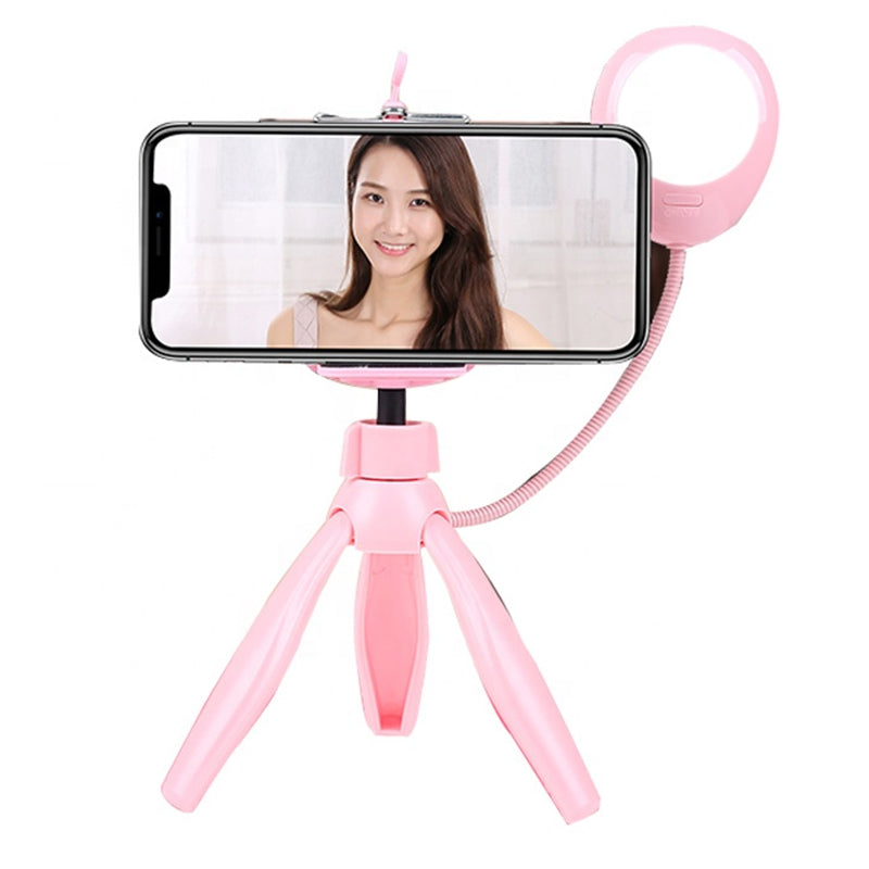 XWJ-S1 Desktop Tripod Photo Stand with 3-Levels Brightness Adjustable LED Lights Cell Phone Holder - Pink