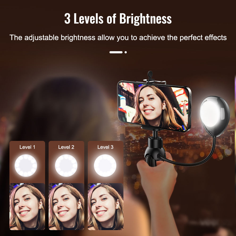 XWJ-S1 Desktop Tripod Photo Stand with 3-Levels Brightness Adjustable LED Lights Cell Phone Holder - Pink