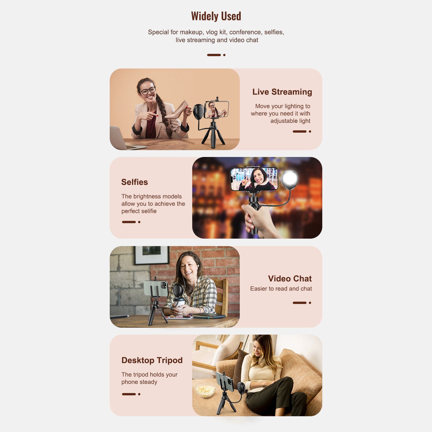 XWJ-S1 Desktop Tripod Photo Stand with 3-Levels Brightness Adjustable LED Lights Cell Phone Holder - Pink