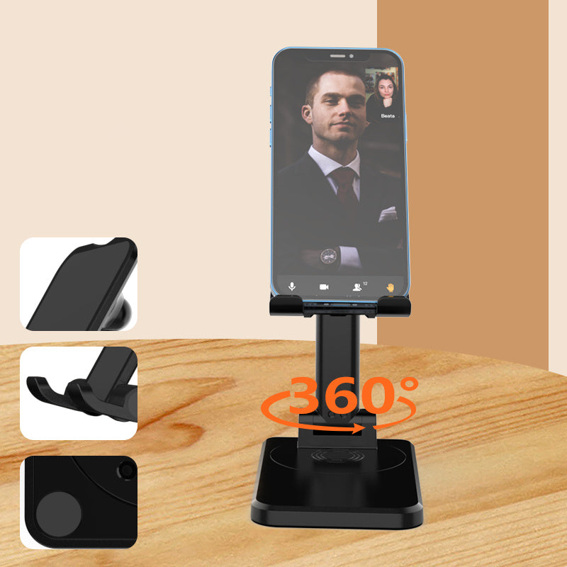 CCT19 Foldable Cell Phone Stand Rotation Height Adjustable Phone Holder ABS+Silicone Desktop Phone Mount - Black