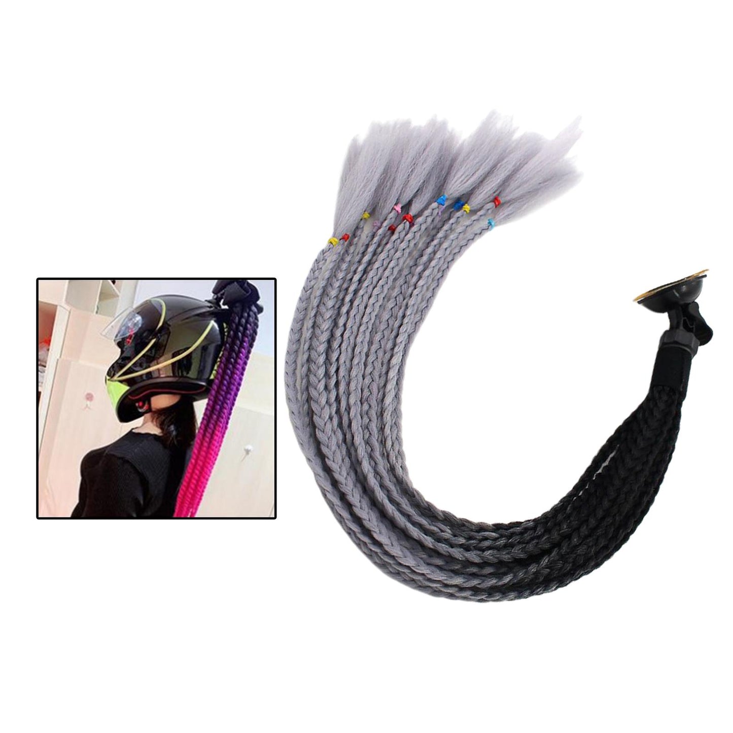 55cm Hair Helmet Pigtail Gradient Ponytail for Motorcycle Black Gray