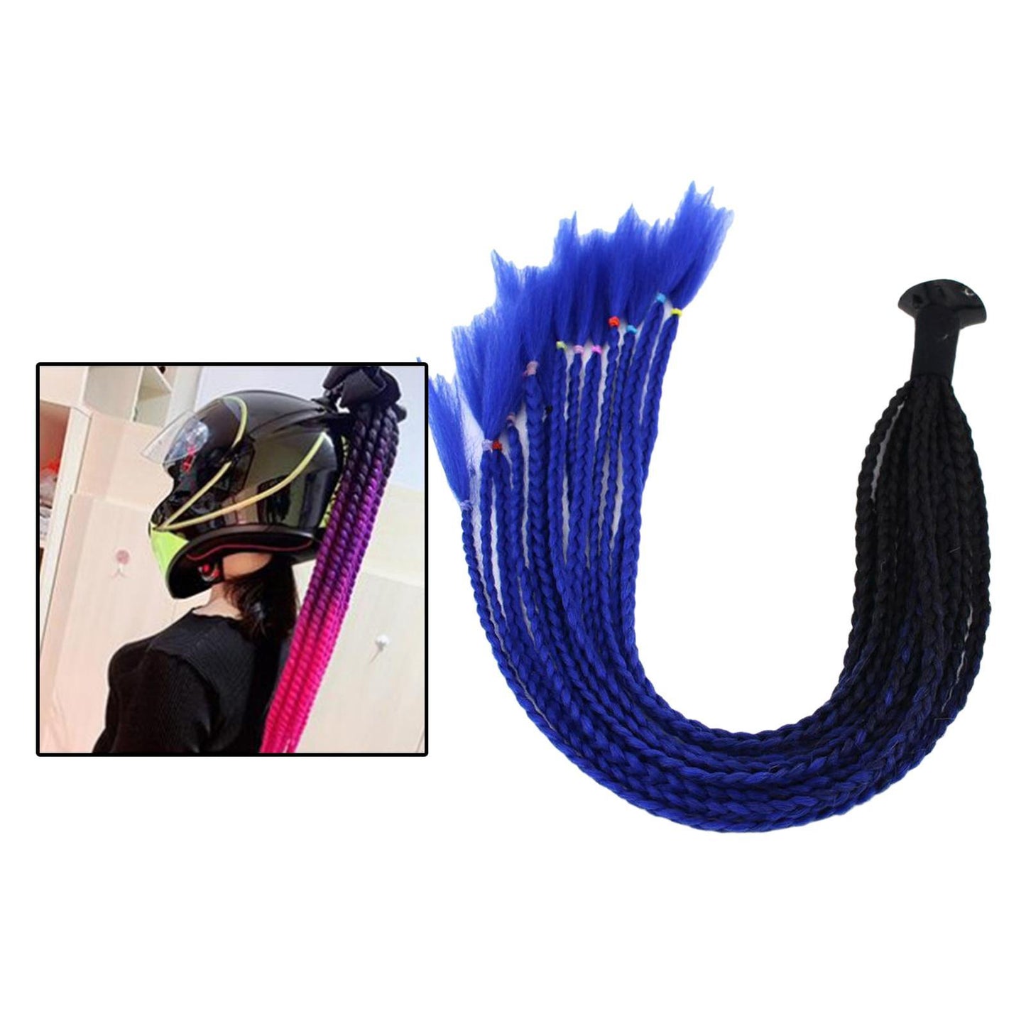 55cm Hair Helmet Pigtail Gradient Ponytail for Motorcycle Black Blue