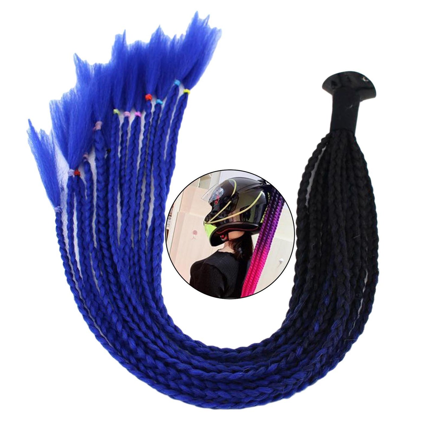 55cm Hair Helmet Pigtail Gradient Ponytail for Motorcycle Black Blue