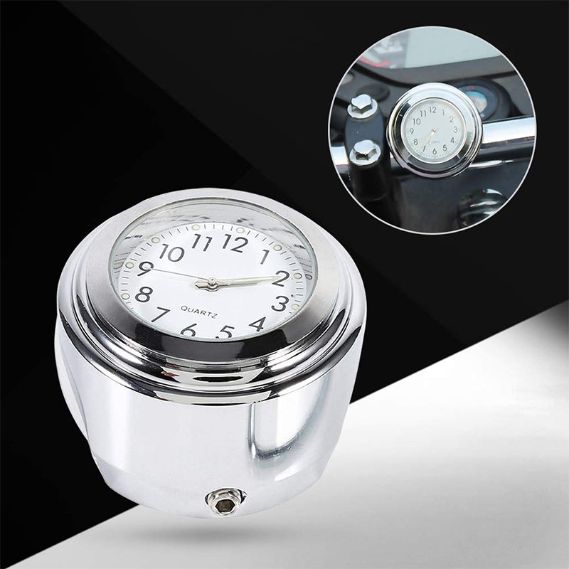 Motorcycle Handlebar Dial Clock 22-25mm Universal Motorbike Mount Clock - Silver / White