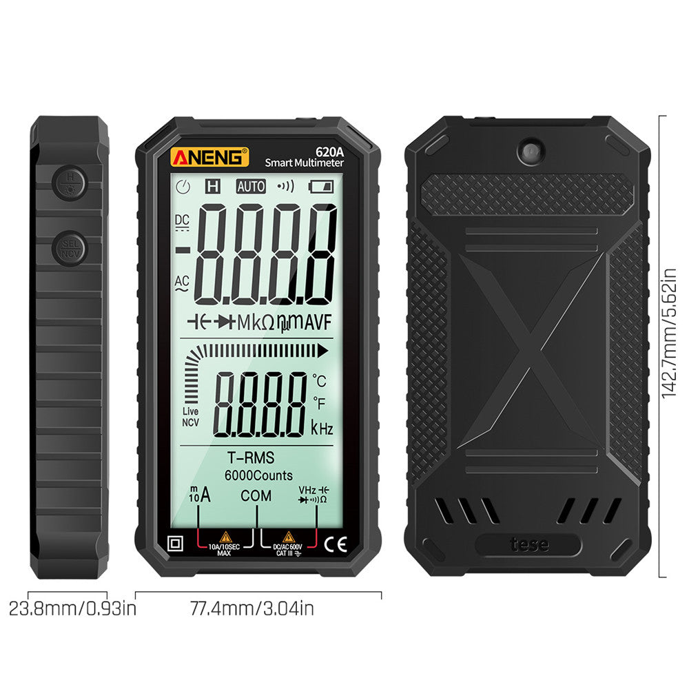 Aneng 620A 4.7 inch Digital Smart Multimeter 6000 Counts True RMS Auto Electrical Capacitance Meter with Flashlight - Black