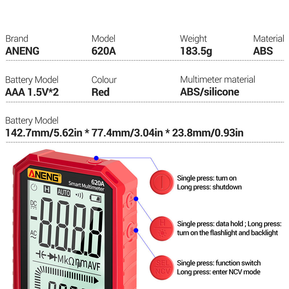 Aneng 620A 4.7 inch Digital Smart Multimeter 6000 Counts True RMS Auto Electrical Capacitance Meter with Flashlight - Red