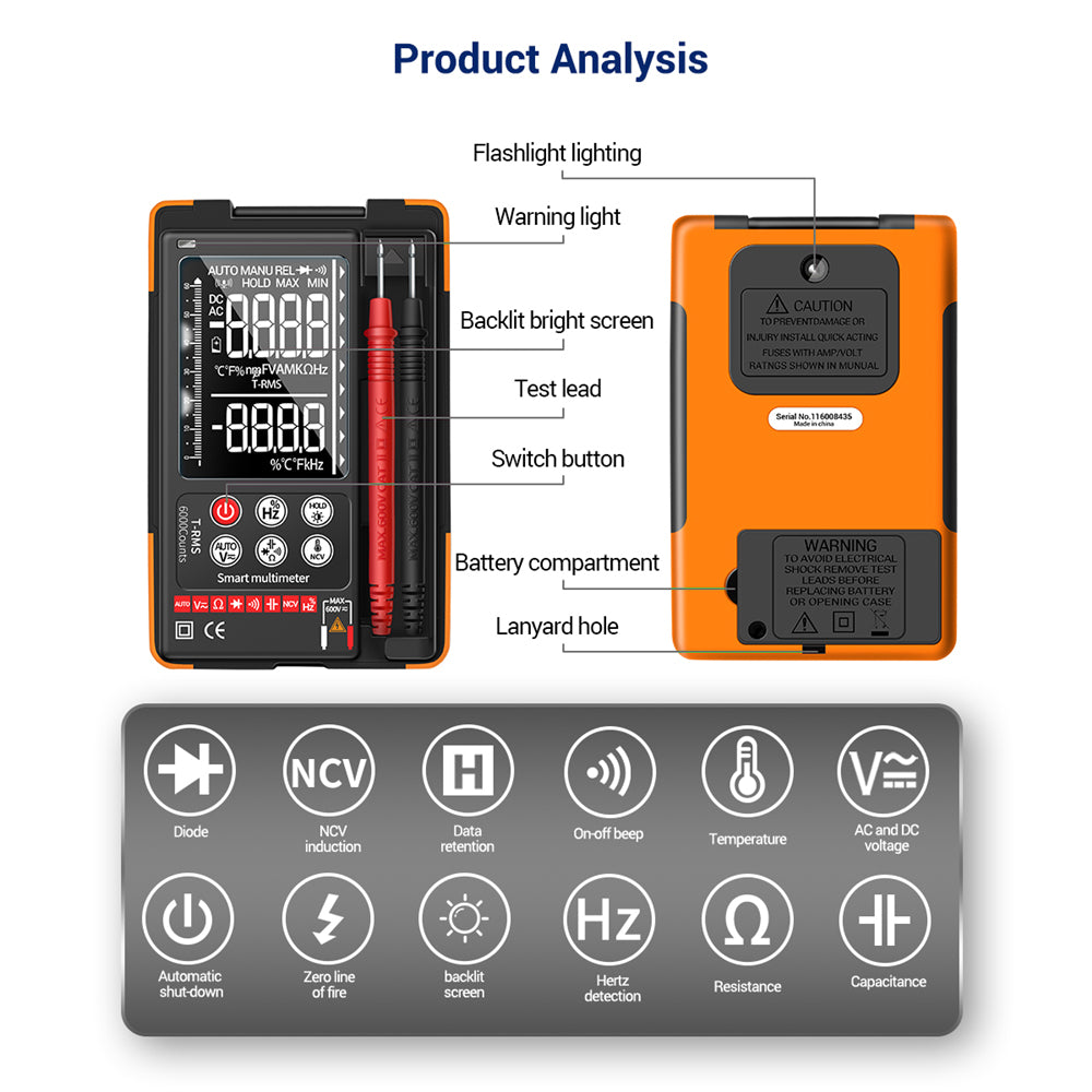 Aneng Q60 Digital Multimeter VA Screen Display Zero Fire Detection 6000 Counts True RMS Capacitance Meter - Orange