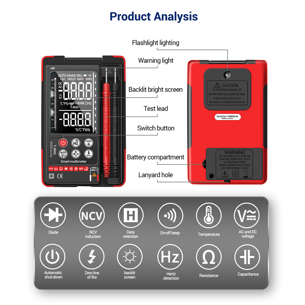 Aneng Q60 Digital Multimeter VA Screen Display Zero Fire Detection 6000 Counts True RMS Capacitance Meter - Red