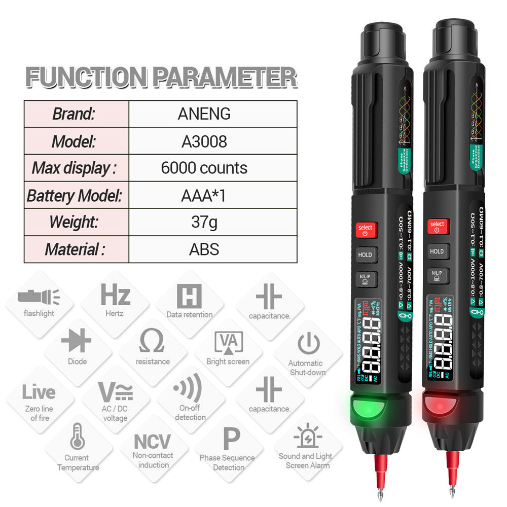 Aneng A3008 6000 Counts Voltage Meter Non Contact AC / DC LCD Display NCV Digital Multimeter Pen