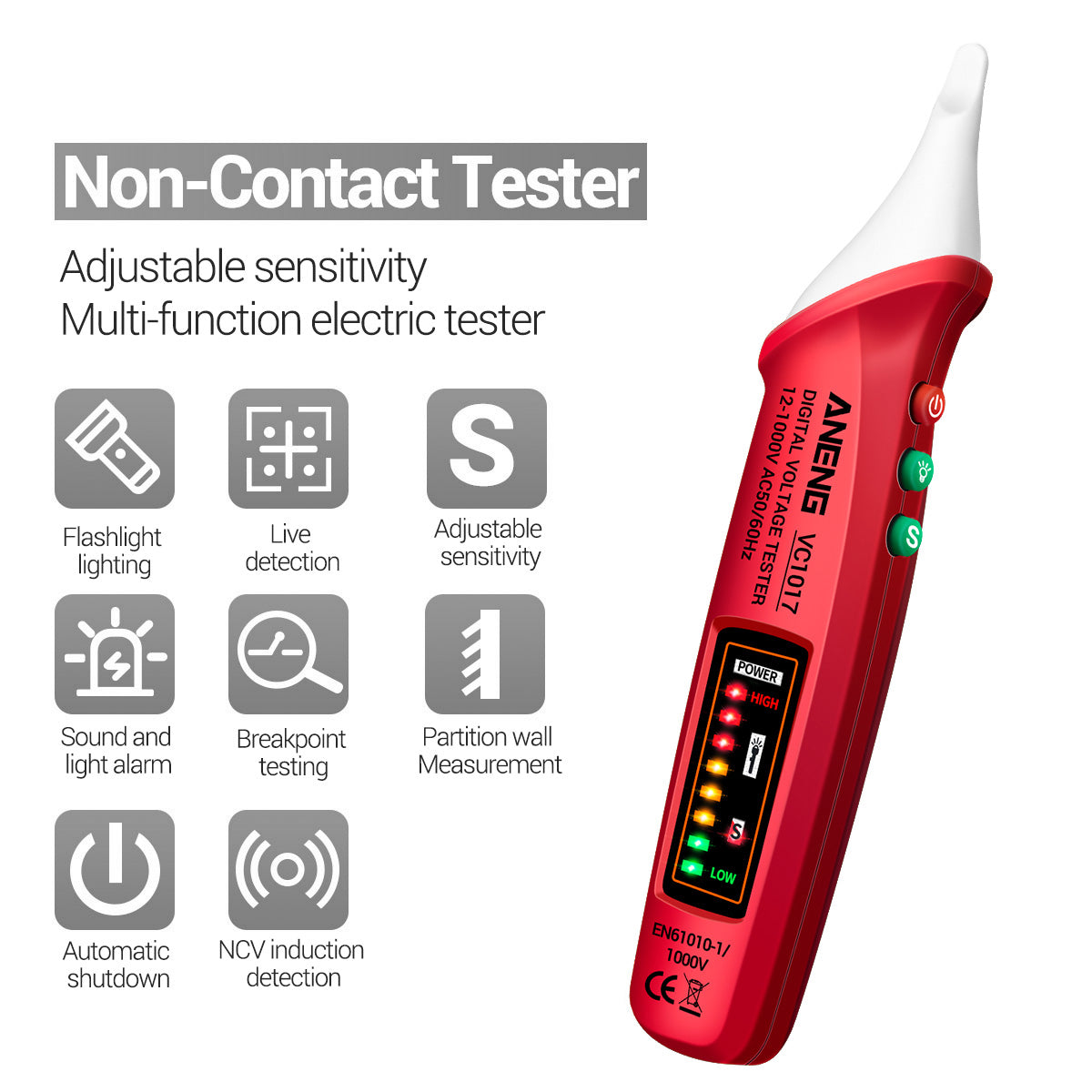 Aneng VC1017 12-1000V Non-contact Sound-light Tester Digital AC Voltage Meter Multimeter Pen - Red