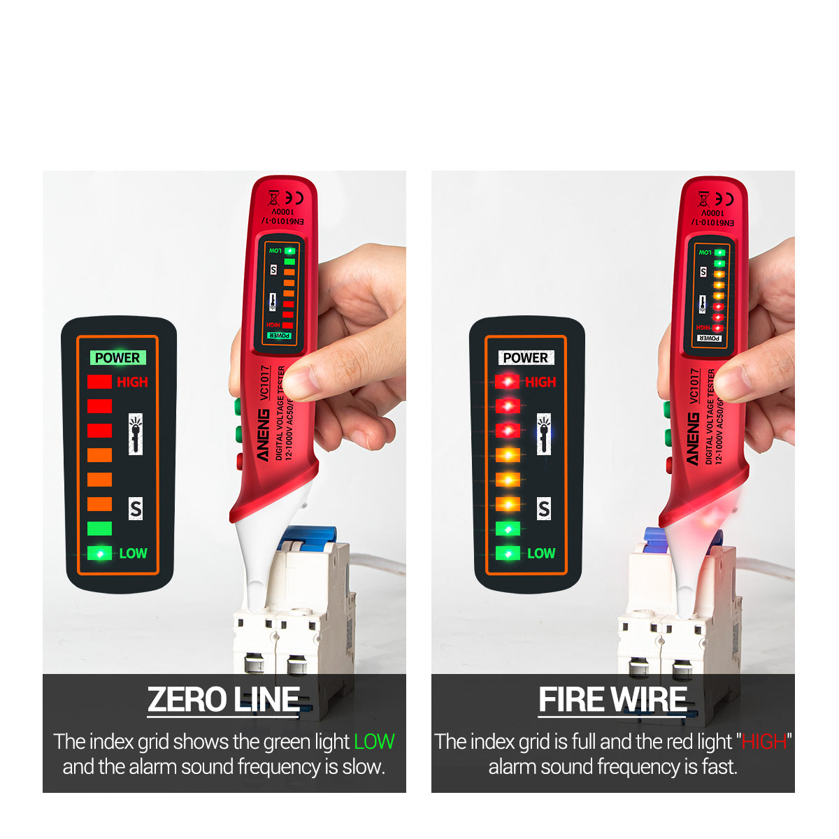 Aneng VC1017 12-1000V Non-contact Sound-light Tester Digital AC Voltage Meter Multimeter Pen - Red