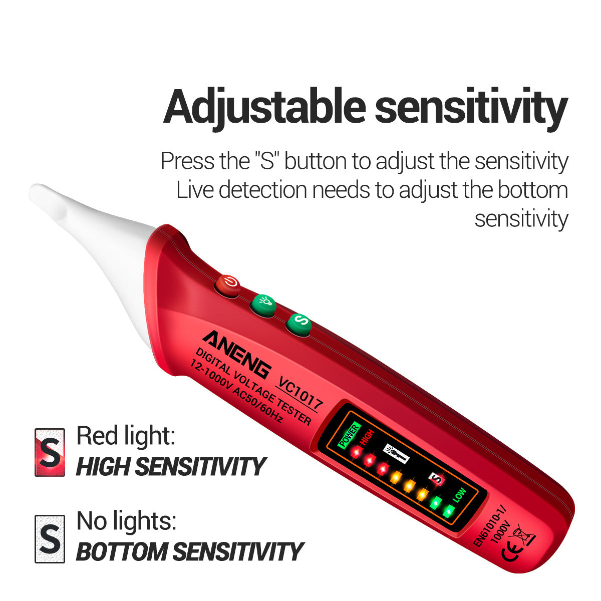 Aneng VC1017 12-1000V Non-contact Sound-light Tester Digital AC Voltage Meter Multimeter Pen - Red