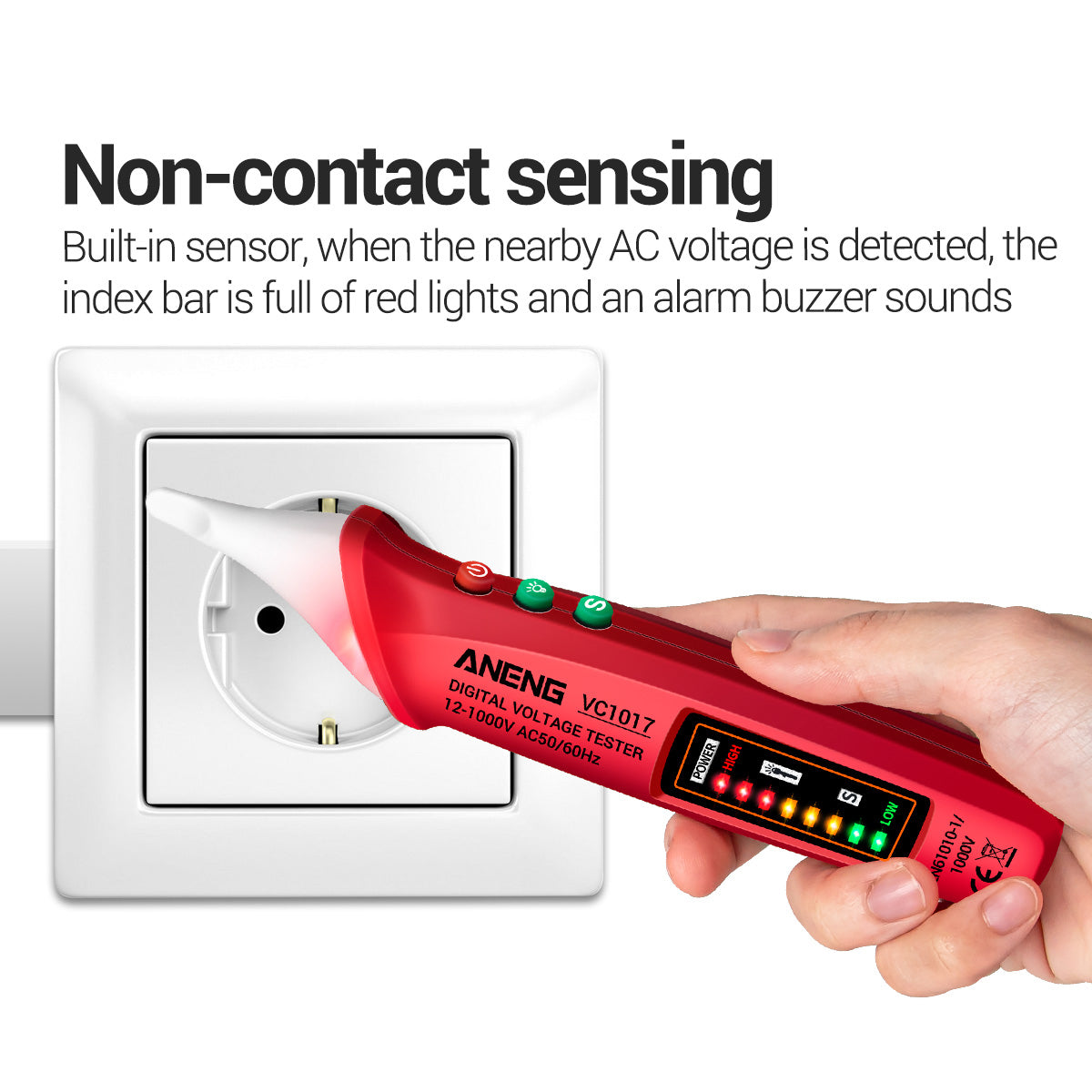 Aneng VC1017 12-1000V Non-contact Sound-light Tester Digital AC Voltage Meter Multimeter Pen - Red