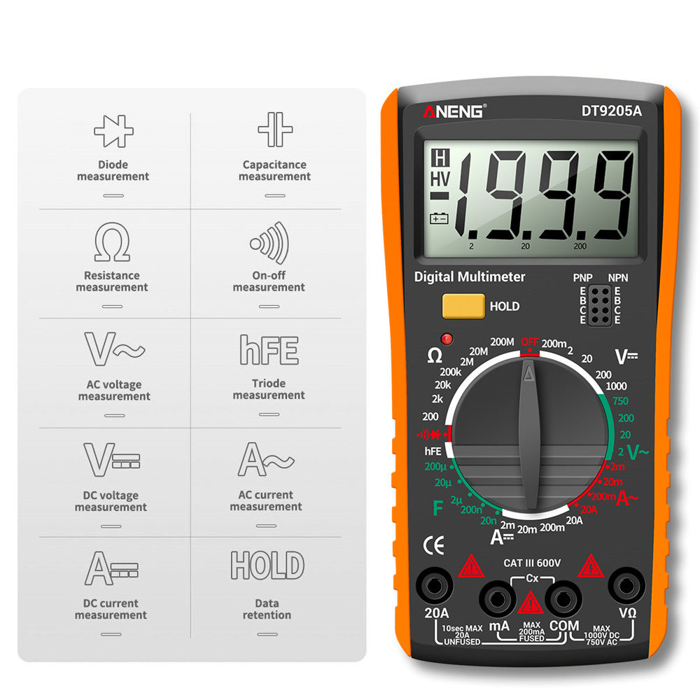 Aneng DT9205A Multifunctional HD Digital True RMS Multimeter AC/DC Voltage Meter - Orange