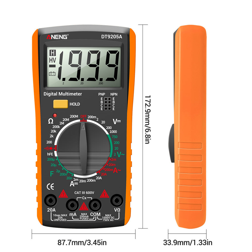 Aneng DT9205A Multifunctional HD Digital True RMS Multimeter AC/DC Voltage Meter - Orange