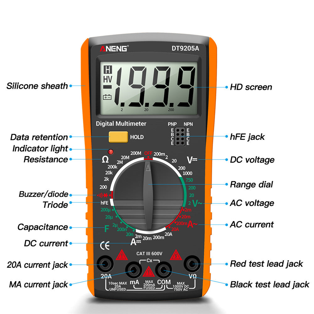 Aneng DT9205A Multifunctional HD Digital True RMS Multimeter AC/DC Voltage Meter - Orange