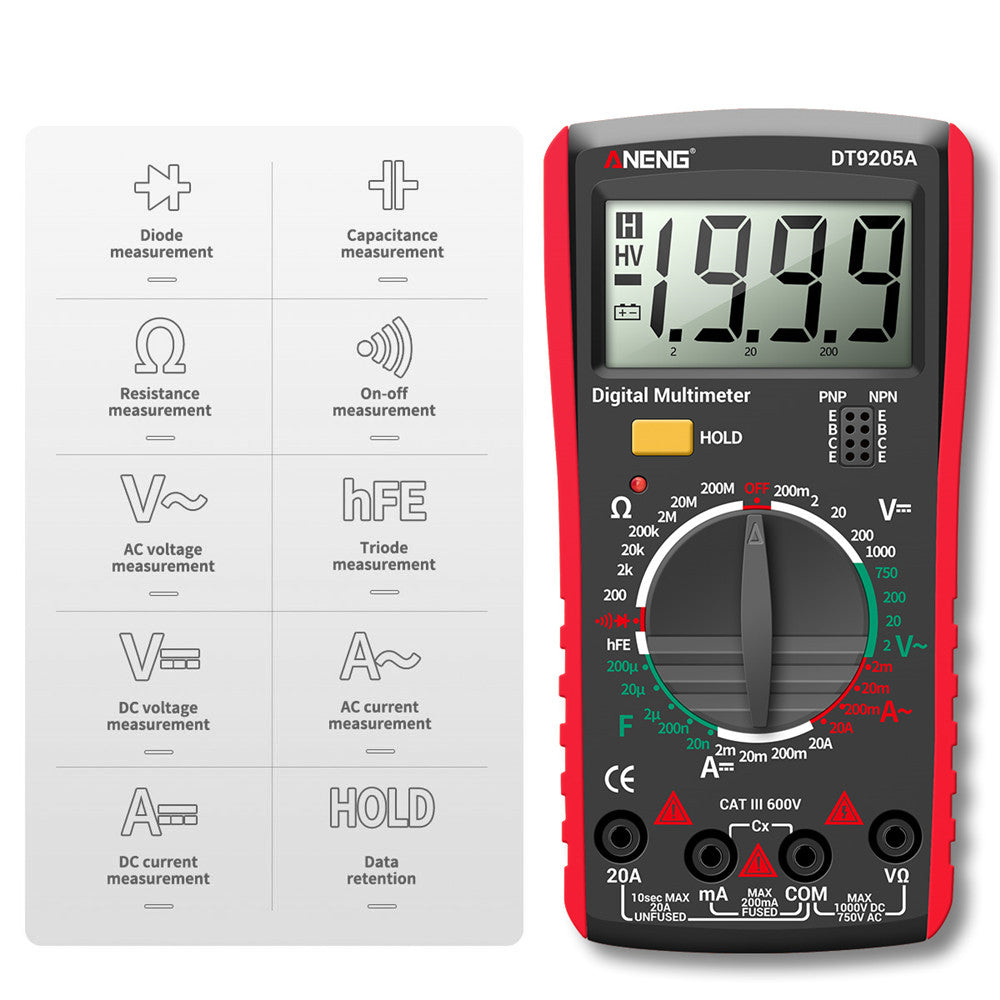 Aneng DT9205A Multifunctional HD Digital True RMS Multimeter AC/DC Voltage Meter (Two kinds of Powered, random delivery) - Red