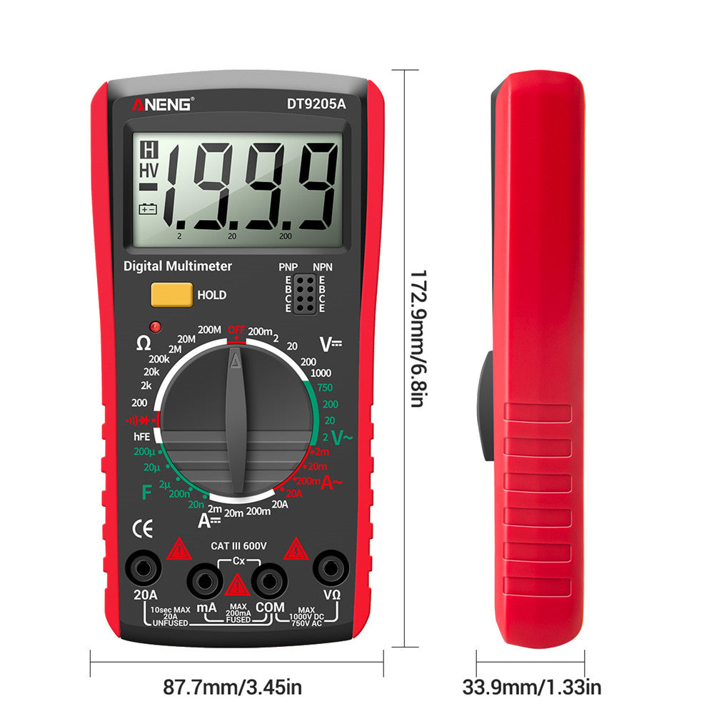 Aneng DT9205A Multifunctional HD Digital True RMS Multimeter AC/DC Voltage Meter (Two kinds of Powered, random delivery) - Red