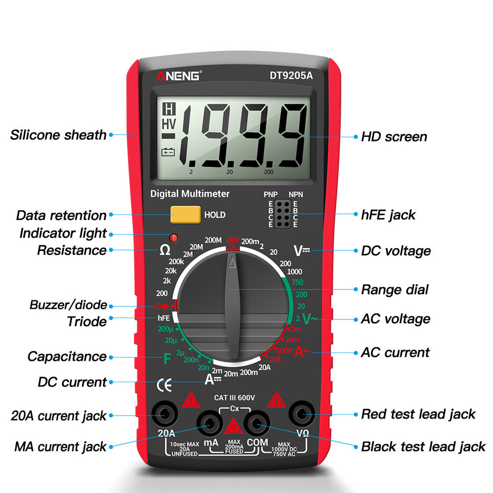Aneng DT9205A Multifunctional HD Digital True RMS Multimeter AC/DC Voltage Meter (Two kinds of Powered, random delivery) - Red