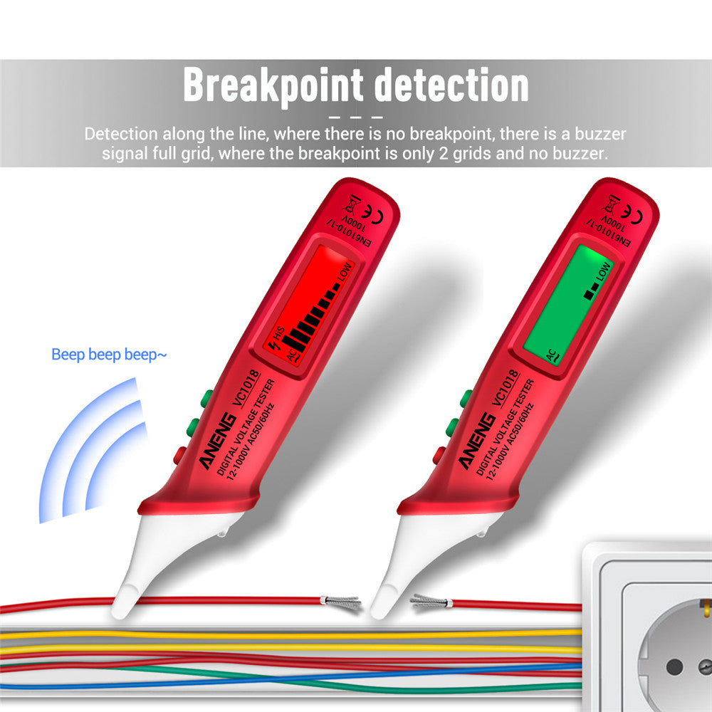 Aneng VC1018 12V-1000V Non-contact Electric Sensor Tester Pen Digital AC Voltage Meter Buzzer Detector with LCD Screen - Red