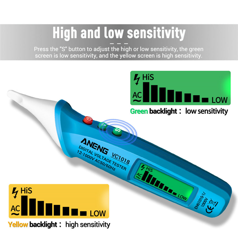 Aneng VC1018 12V-1000V Non-contact Electric Sensor Tester Pen Digital AC Voltage Meter Buzzer Detector with LCD Screen - Blue