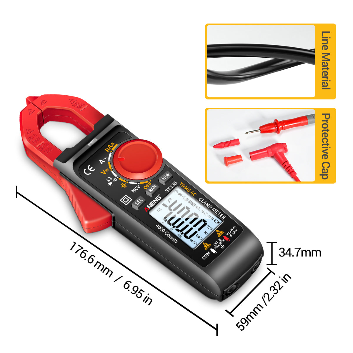 Aneng ST185 Clamp Digital Meter Multimeter 4000 Counts True RMS 200A Ammeter Voltage Tester - Black/Red