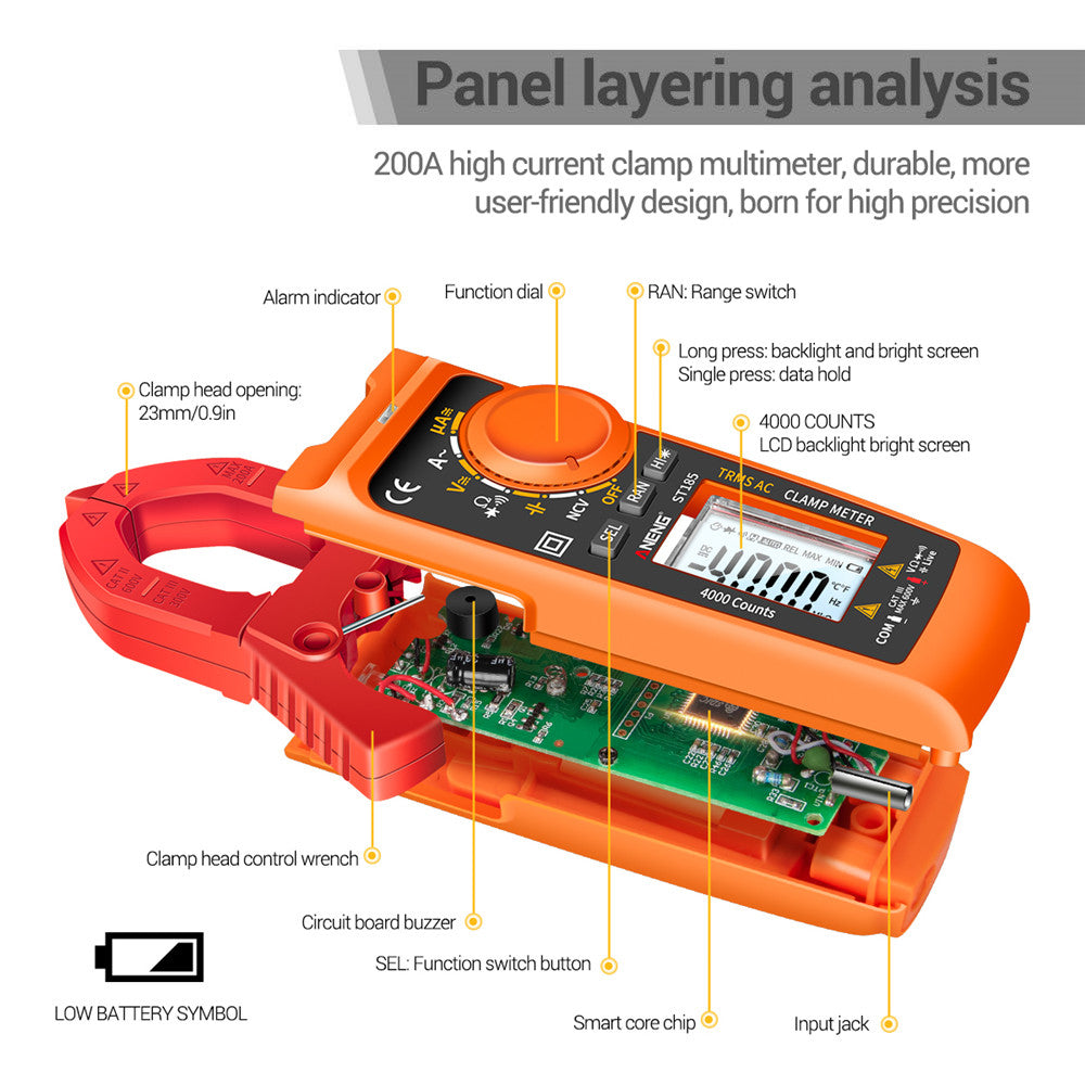Aneng ST185 Clamp Digital Meter Multimeter 4000 Counts True RMS 200A Ammeter Voltage Tester - Orange/Red