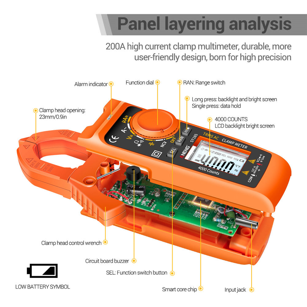 Aneng ST185 Clamp Digital Meter Multimeter 4000 Counts True RMS 200A Ammeter Voltage Tester - Orange