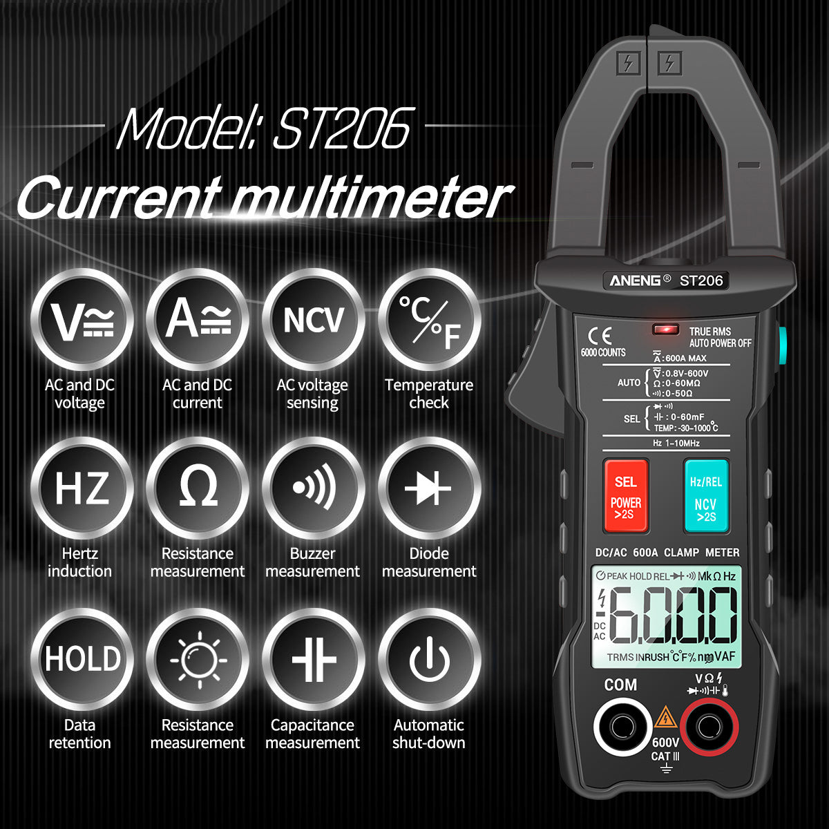 Aneng ST206 Digital Clamp Multimeter Power Meter 6000 Counts Auto Range AC/DC Current Voltage Transistor Tester - Black