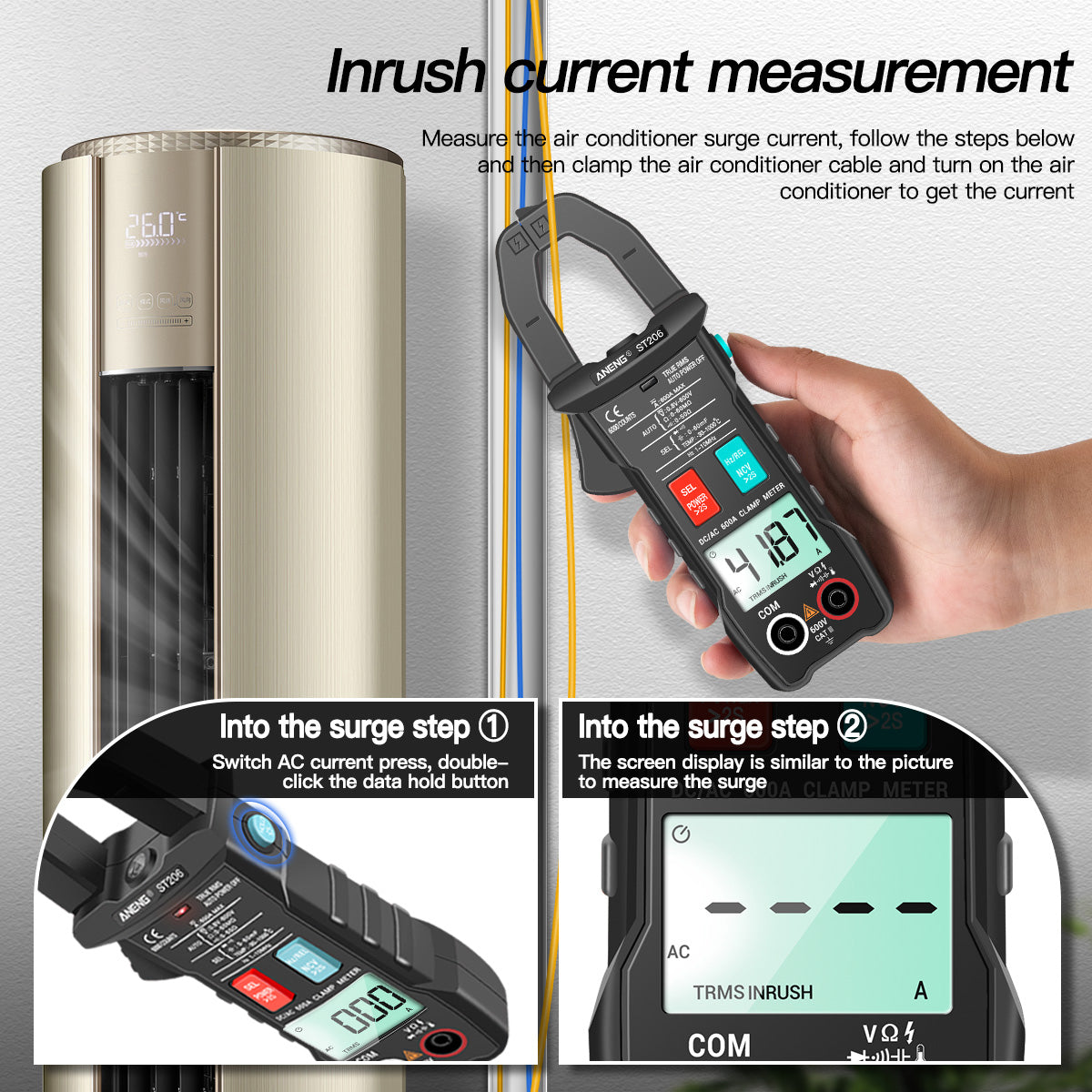 Aneng ST206 Digital Clamp Multimeter Power Meter 6000 Counts Auto Range AC/DC Current Voltage Transistor Tester - Black