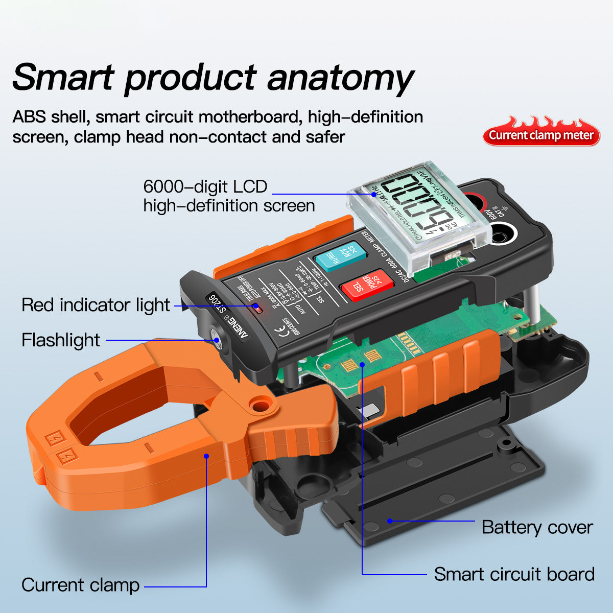 Aneng ST206 Digital Clamp Multimeter Power Meter 6000 Counts Auto Range AC/DC Current Voltage Transistor Tester - Orange