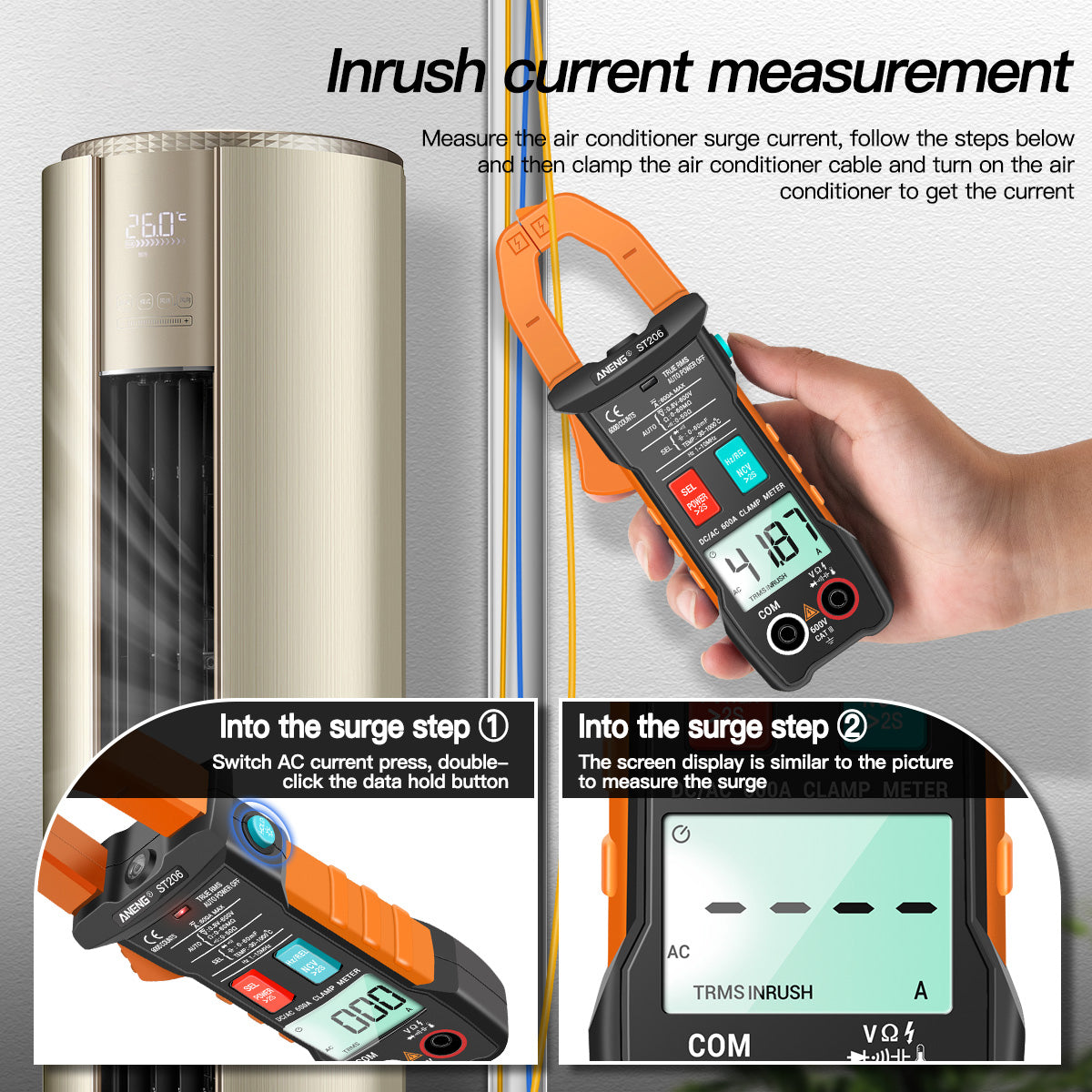 Aneng ST206 Digital Clamp Multimeter Power Meter 6000 Counts Auto Range AC/DC Current Voltage Transistor Tester - Orange