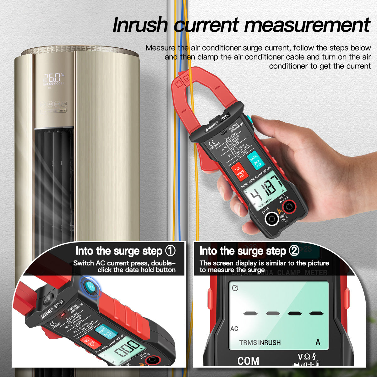 Aneng ST206 Digital Clamp Multimeter Power Meter 6000 Counts Auto Range AC/DC Current Voltage Transistor Tester - Red