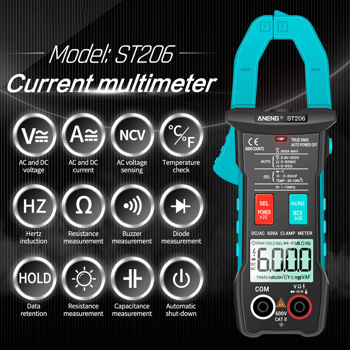 Aneng ST206 Digital Clamp Multimeter Power Meter 6000 Counts Auto Range AC/DC Current Voltage Transistor Tester - Blue