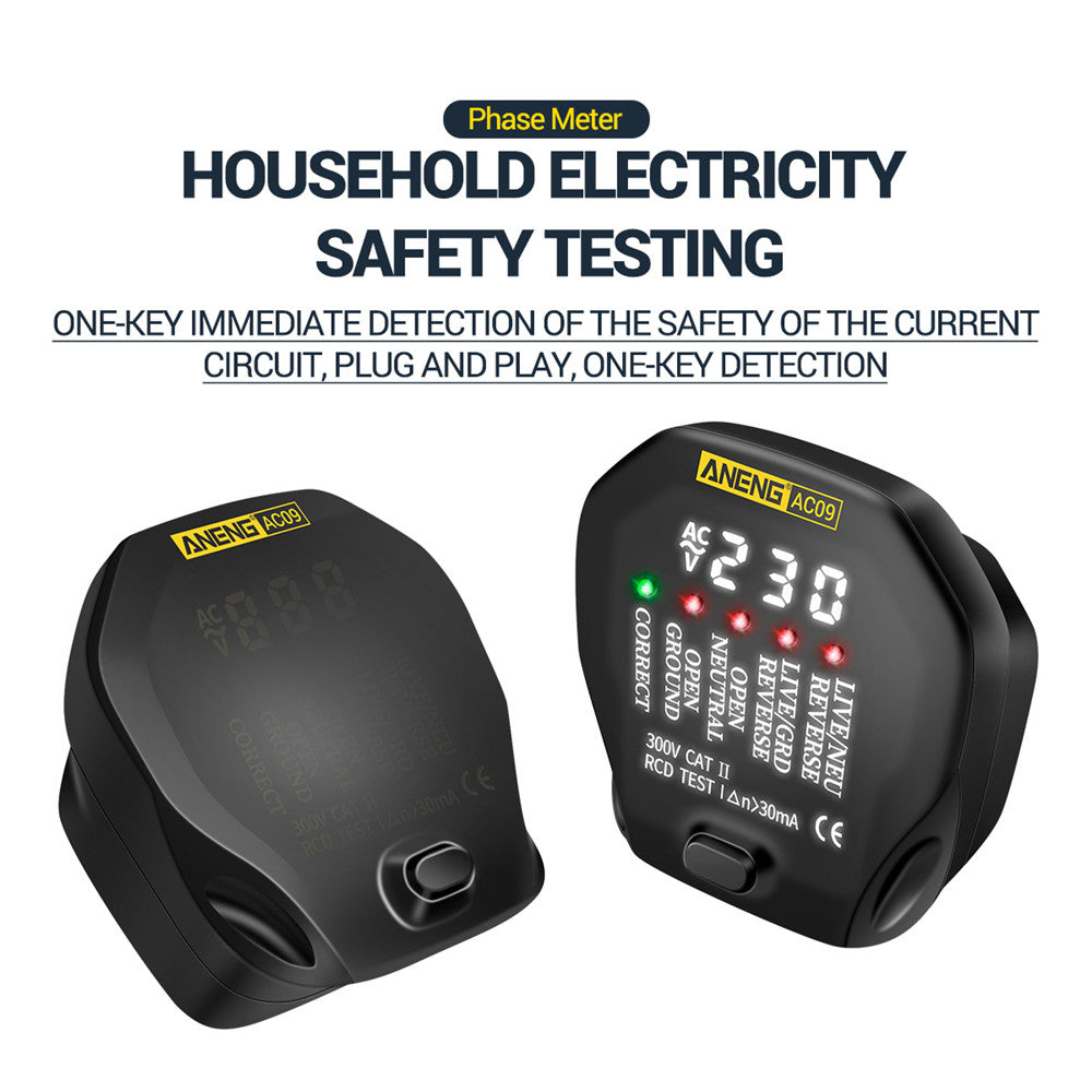 Aneng AC09 Digital Voltage Socket Tester Detector Live Ground Neutral Phase Meter Electric Circuit Breaker Finder - EU Plug