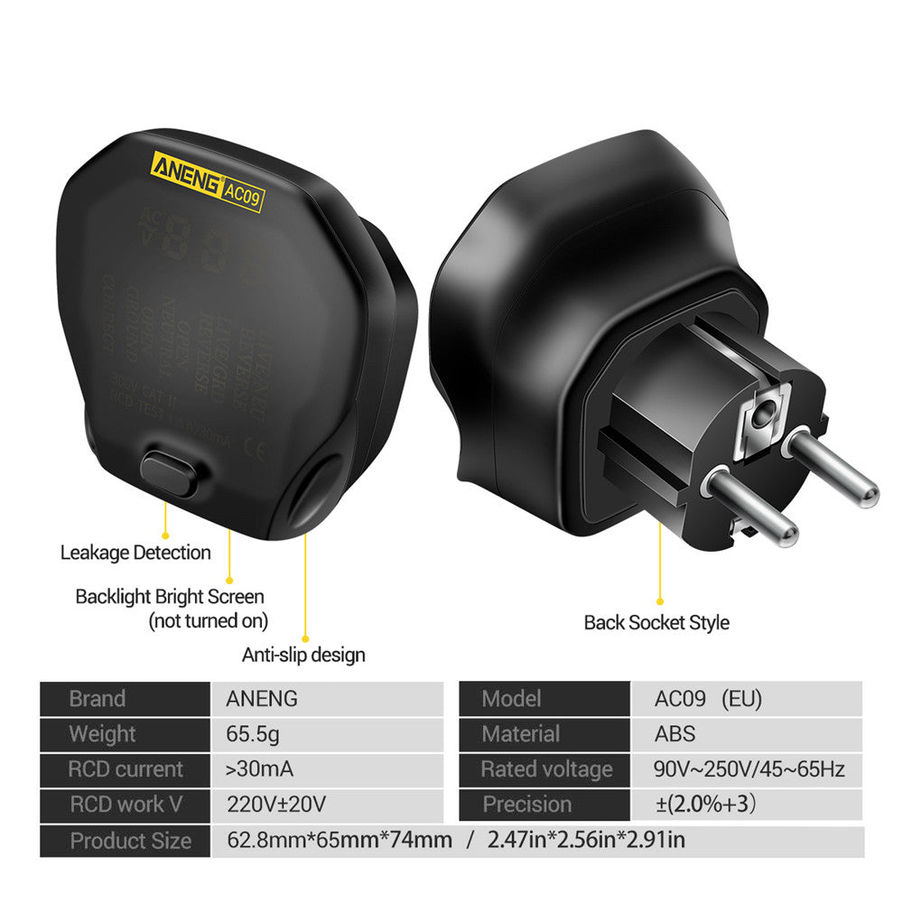 Aneng AC09 Digital Voltage Socket Tester Detector Live Ground Neutral Phase Meter Electric Circuit Breaker Finder - EU Plug