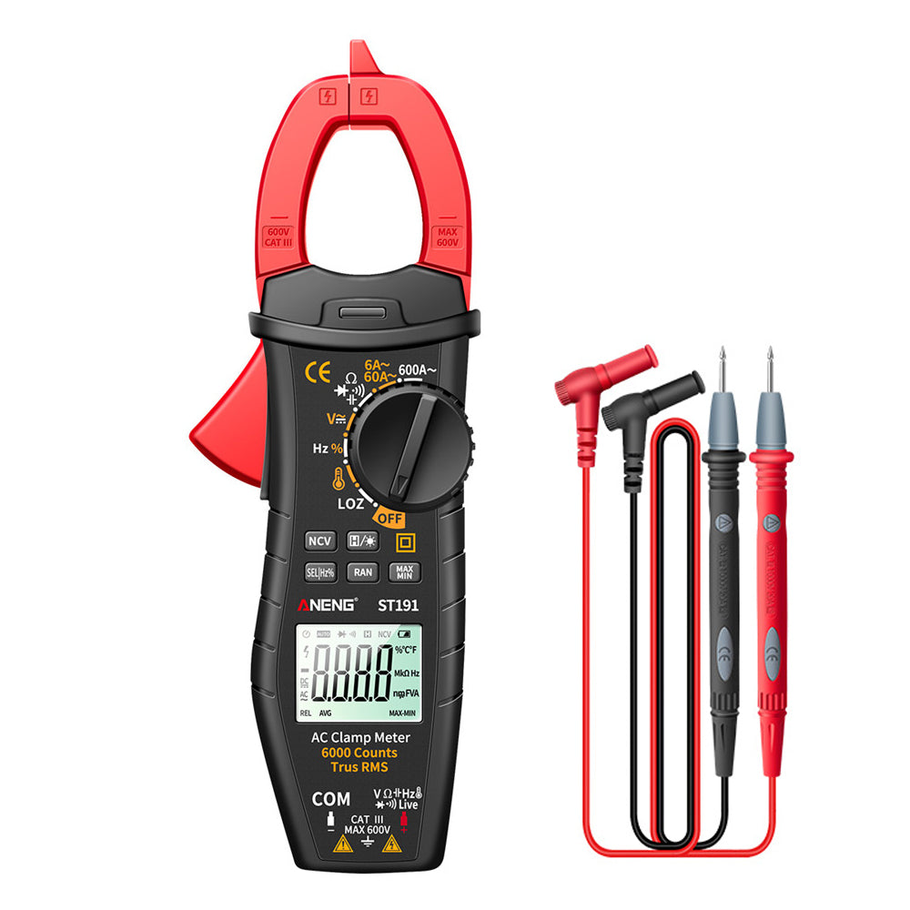 Aneng ST191 Clamp Multimeter High Precision True RMS 6000 Counts Meter AC/DC Voltage Voltmeter Auto Range Tester (No DC Current) - Black/Red
