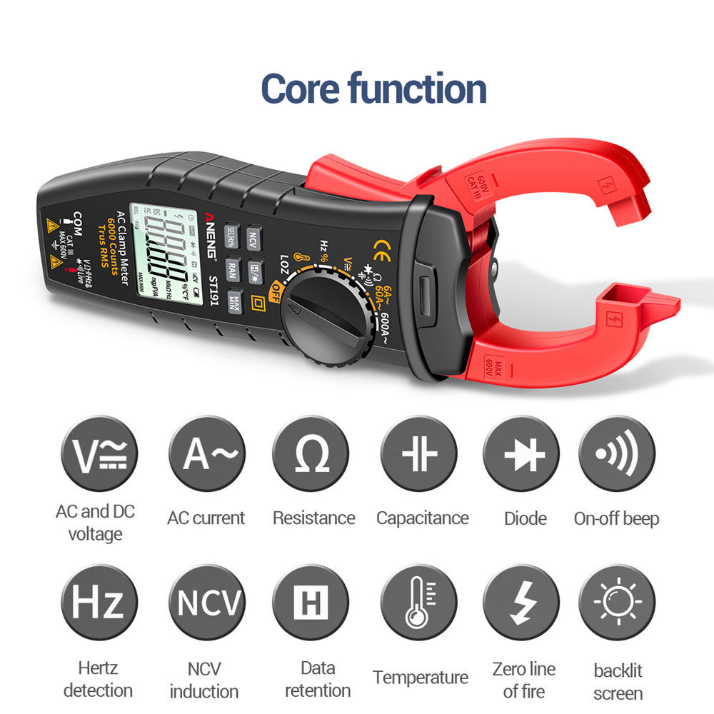 Aneng ST191 Clamp Multimeter High Precision True RMS 6000 Counts Meter AC/DC Voltage Voltmeter Auto Range Tester (No DC Current) - Black/Red