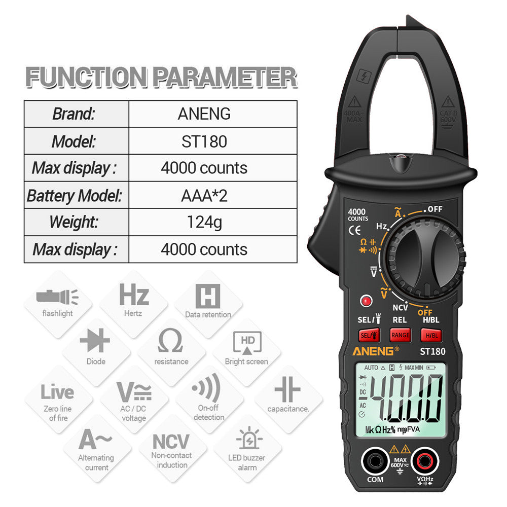 Aneng ST180 4000 Counts Digital Clamp Meter AC Current Multimeter Ammeter Voltage Tester - Black