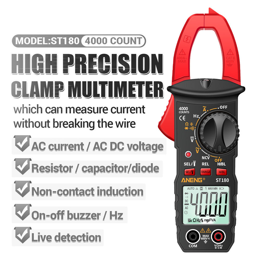 Aneng ST180 4000 Counts Digital Clamp Meter AC Current Multimeter Ammeter Voltage Tester - Red